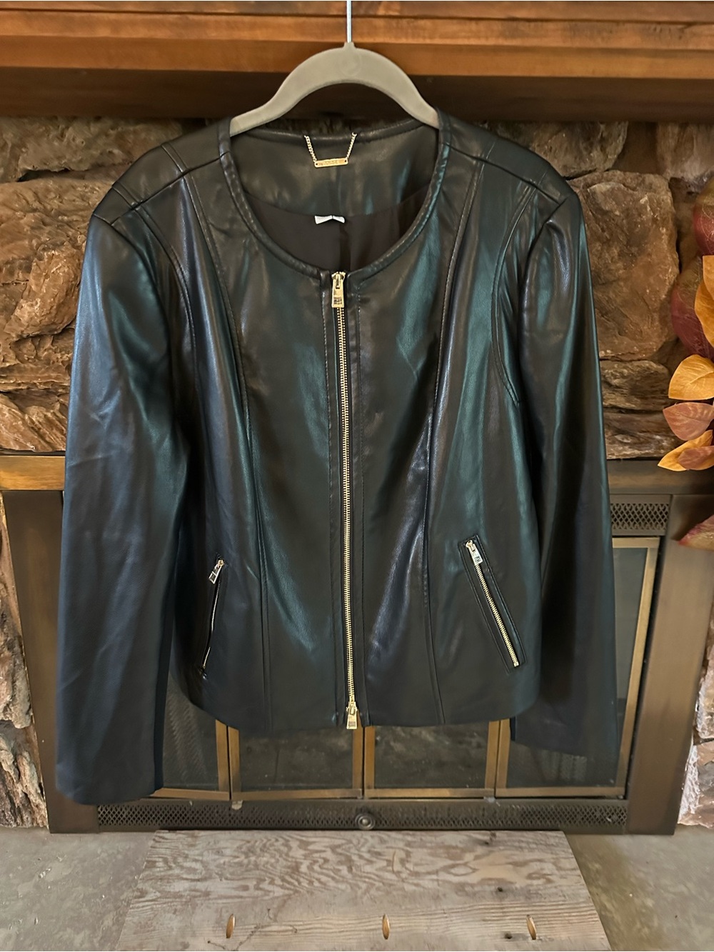 Chico's Black Leather Zip Jacket with Gold Hardware